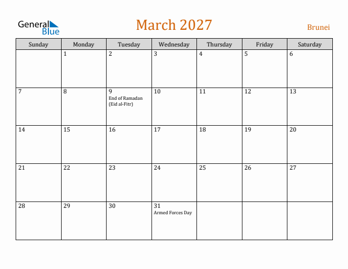 March 2027 Holiday Calendar with Sunday Start