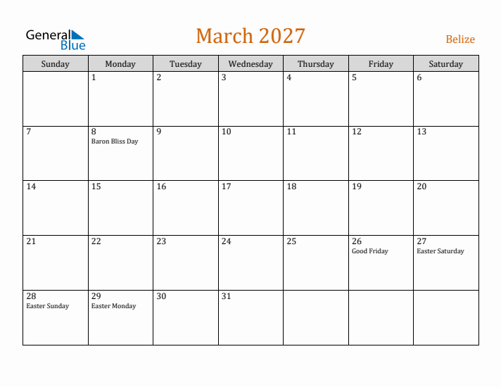 March 2027 Holiday Calendar with Sunday Start