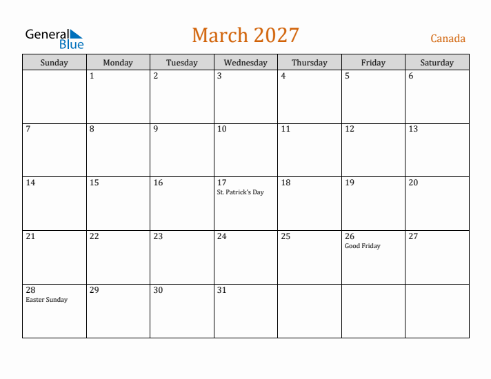 March 2027 Holiday Calendar with Sunday Start