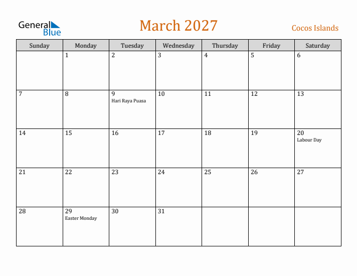 March 2027 Holiday Calendar with Sunday Start