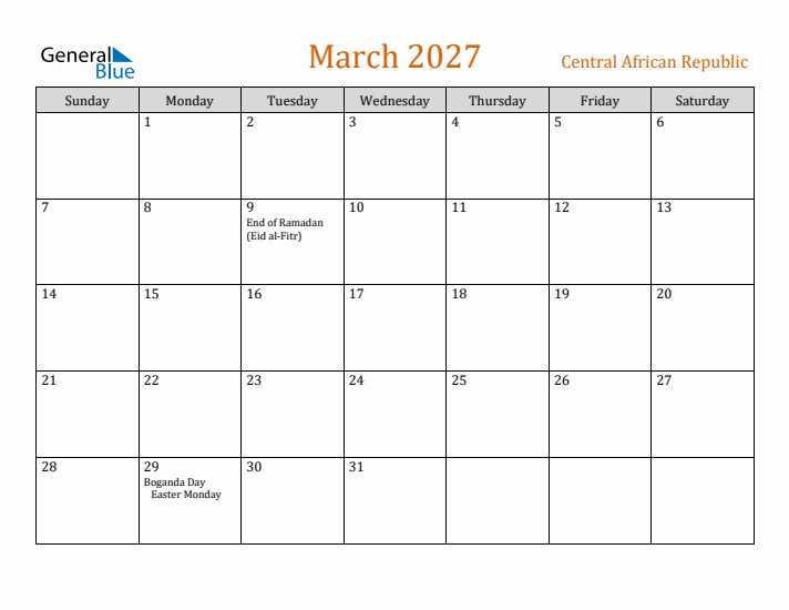 March 2027 Holiday Calendar with Sunday Start