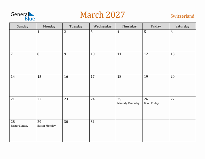 March 2027 Holiday Calendar with Sunday Start