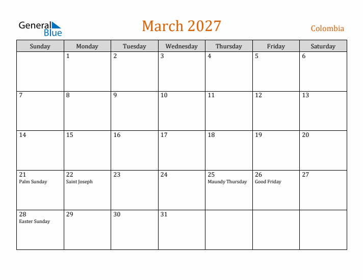 March 2027 Holiday Calendar with Sunday Start