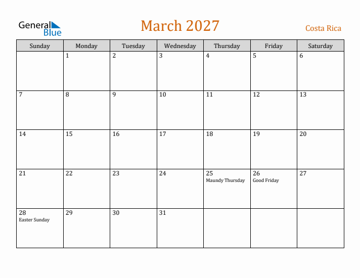 March 2027 Holiday Calendar with Sunday Start