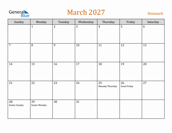 March 2027 Holiday Calendar with Sunday Start