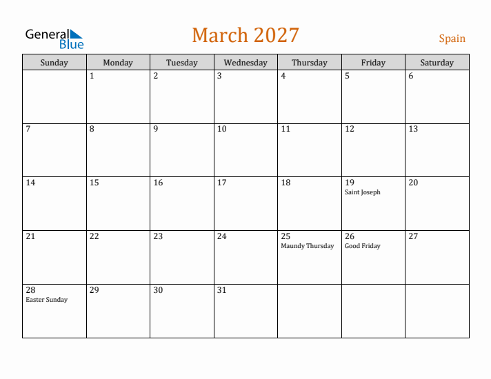 March 2027 Holiday Calendar with Sunday Start