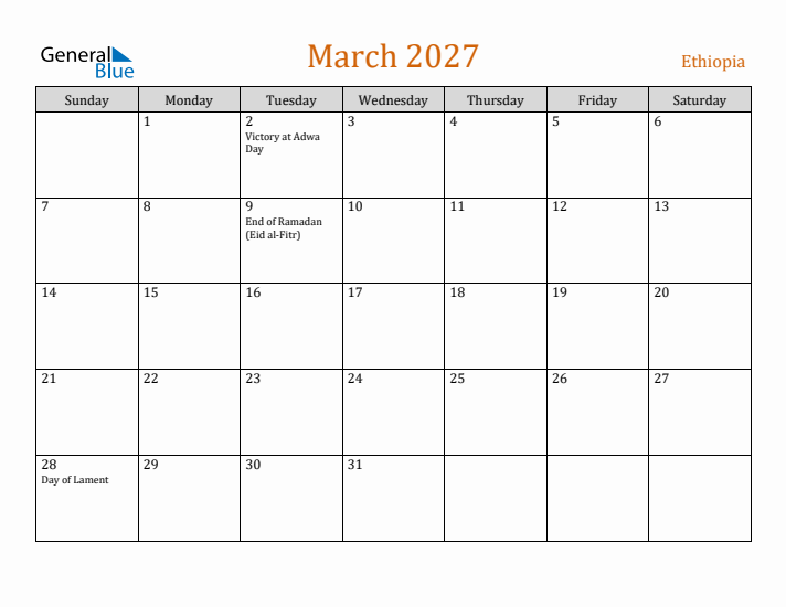 March 2027 Holiday Calendar with Sunday Start