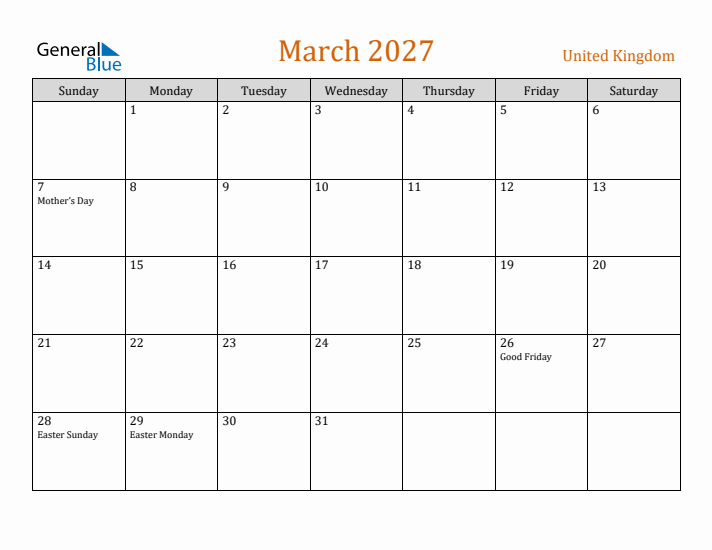 March 2027 Holiday Calendar with Sunday Start