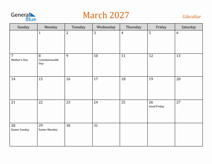 March 2027 Holiday Calendar with Sunday Start