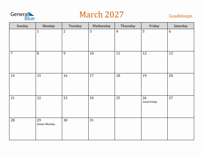 March 2027 Holiday Calendar with Sunday Start