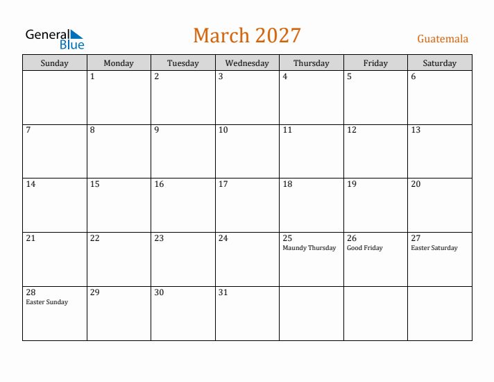 March 2027 Holiday Calendar with Sunday Start