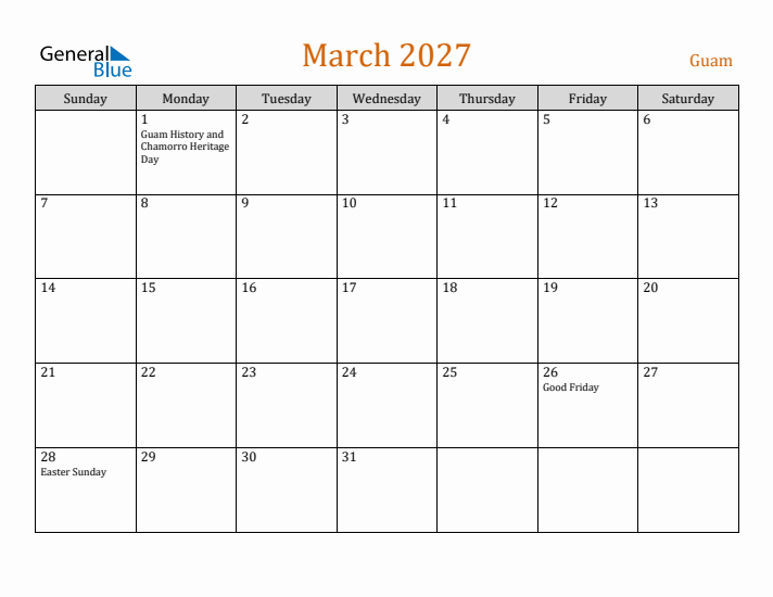 March 2027 Holiday Calendar with Sunday Start