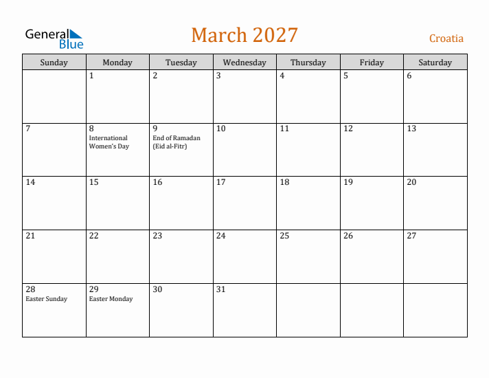 March 2027 Holiday Calendar with Sunday Start