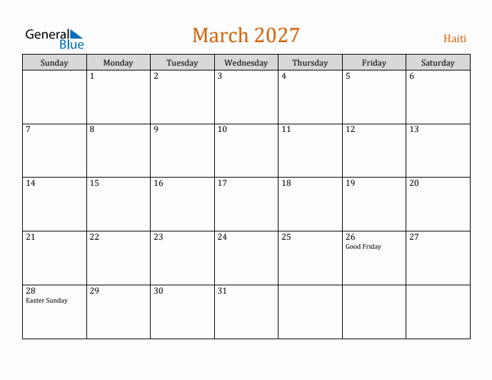 March 2027 Holiday Calendar with Sunday Start