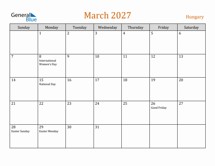 March 2027 Holiday Calendar with Sunday Start