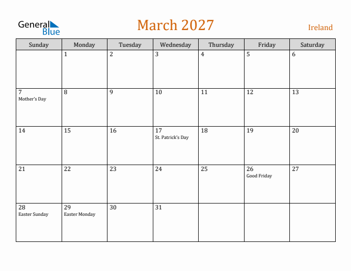 March 2027 Holiday Calendar with Sunday Start