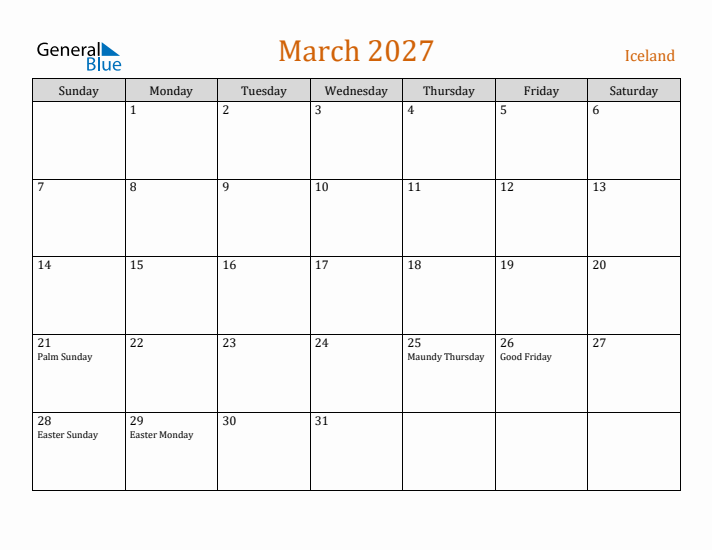 March 2027 Holiday Calendar with Sunday Start