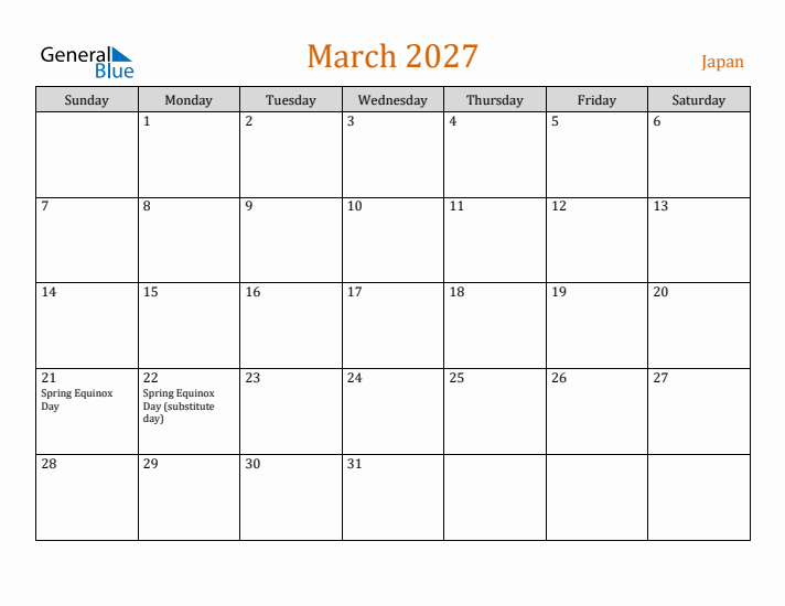 March 2027 Holiday Calendar with Sunday Start