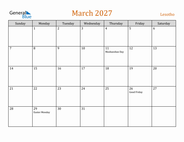 March 2027 Holiday Calendar with Sunday Start