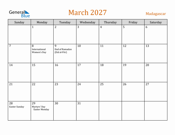 March 2027 Holiday Calendar with Sunday Start