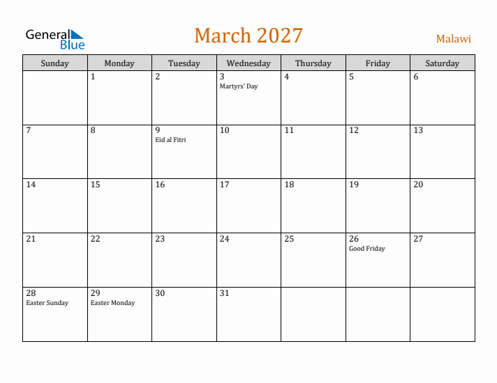 March 2027 Holiday Calendar with Sunday Start