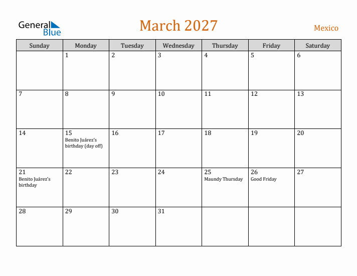 March 2027 Holiday Calendar with Sunday Start