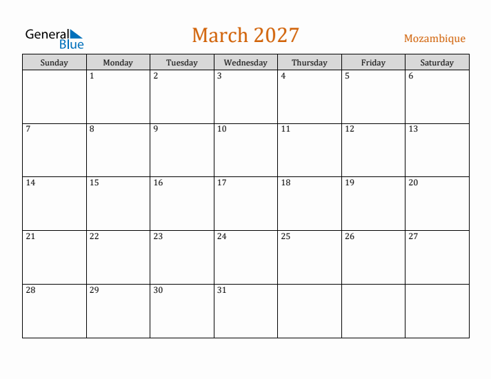 March 2027 Holiday Calendar with Sunday Start