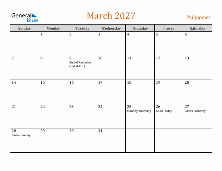 March 2027 Holiday Calendar with Sunday Start