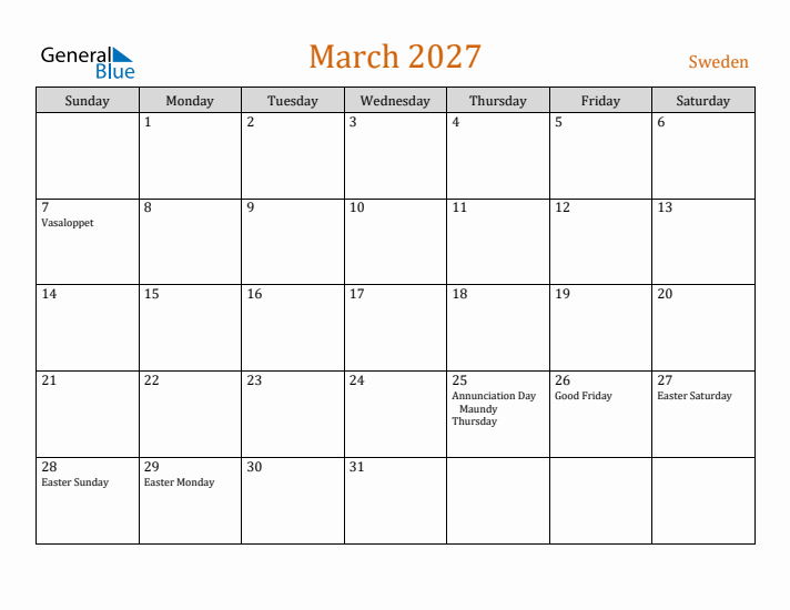 March 2027 Holiday Calendar with Sunday Start