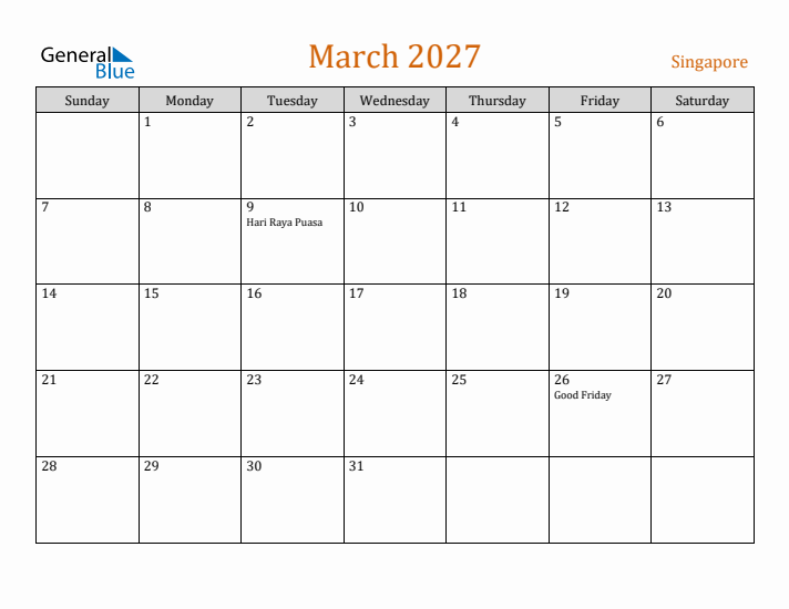 March 2027 Holiday Calendar with Sunday Start