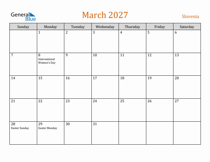 March 2027 Holiday Calendar with Sunday Start