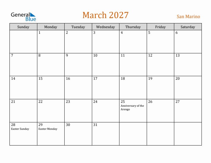 March 2027 Holiday Calendar with Sunday Start