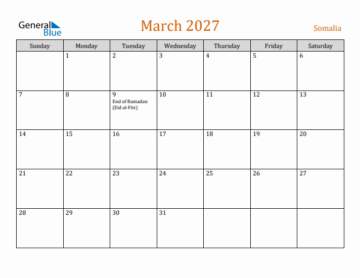 March 2027 Holiday Calendar with Sunday Start