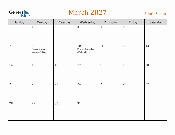 March 2027 Holiday Calendar with Sunday Start