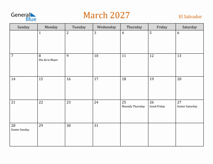 March 2027 Holiday Calendar with Sunday Start