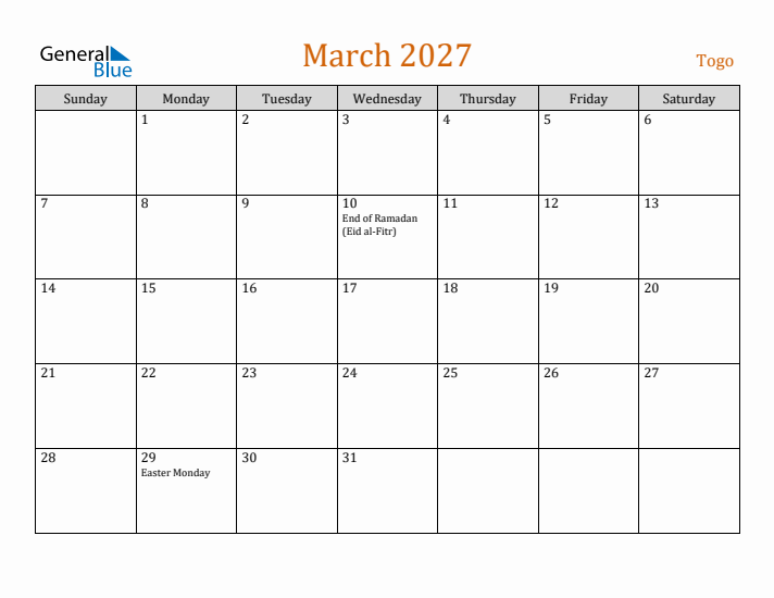 March 2027 Holiday Calendar with Sunday Start