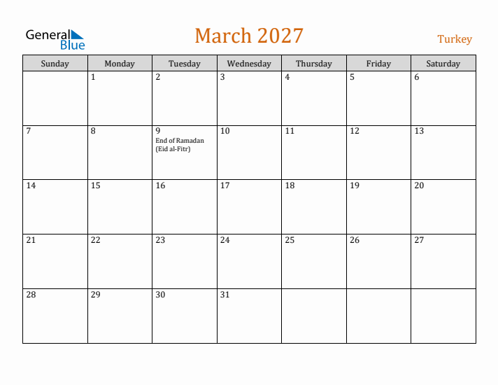 March 2027 Holiday Calendar with Sunday Start