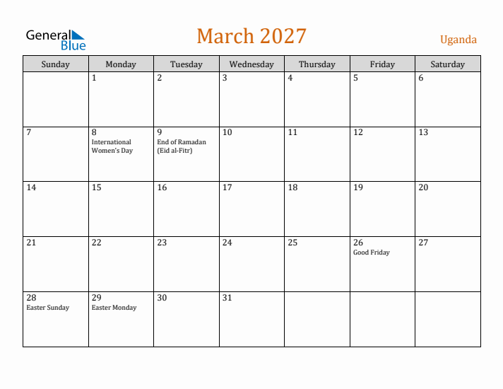 March 2027 Holiday Calendar with Sunday Start