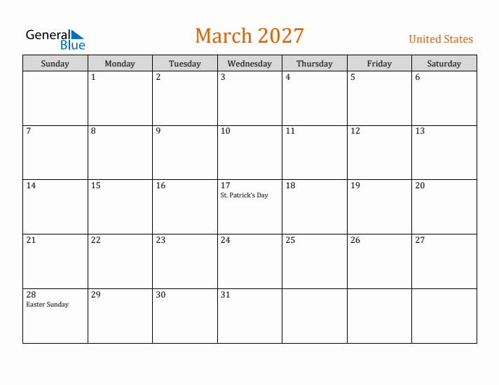 March 2027 Holiday Calendar with Sunday Start