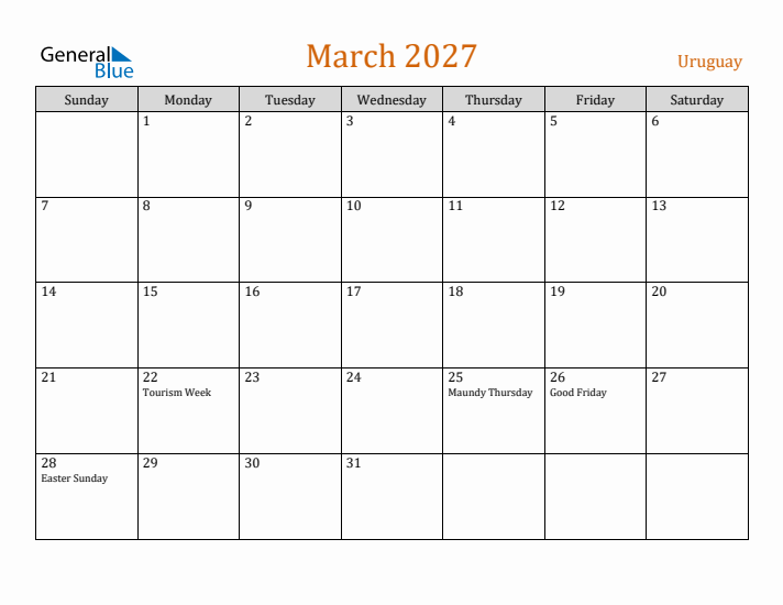 March 2027 Holiday Calendar with Sunday Start