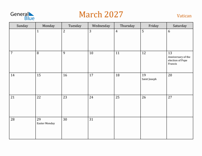 March 2027 Holiday Calendar with Sunday Start