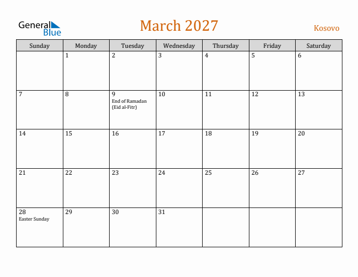 March 2027 Holiday Calendar with Sunday Start