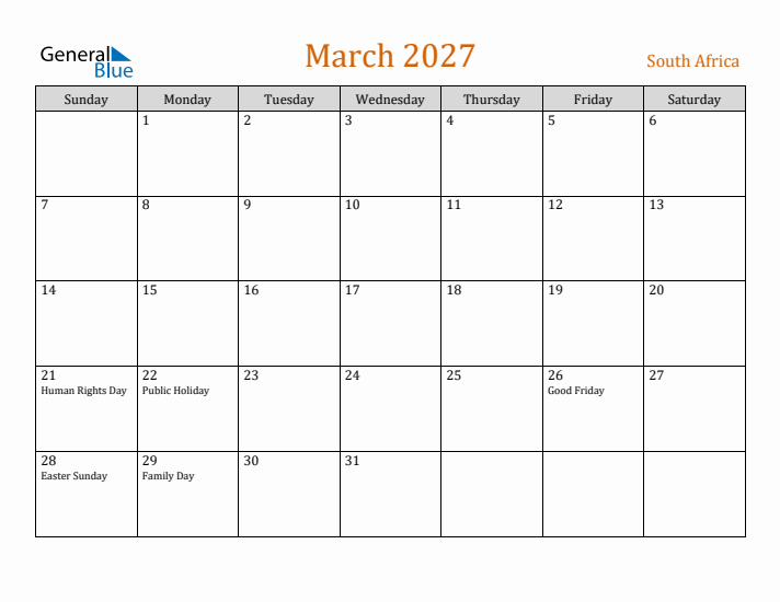 March 2027 Holiday Calendar with Sunday Start