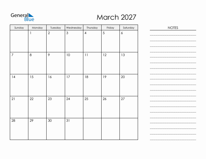 Printable Monthly Calendar with Notes - March 2027