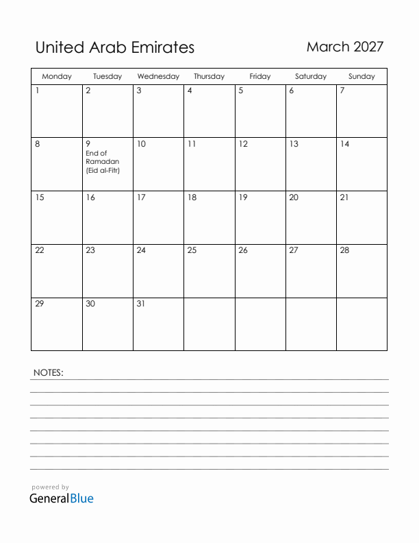 March 2027 United Arab Emirates Calendar with Holidays (Monday Start)