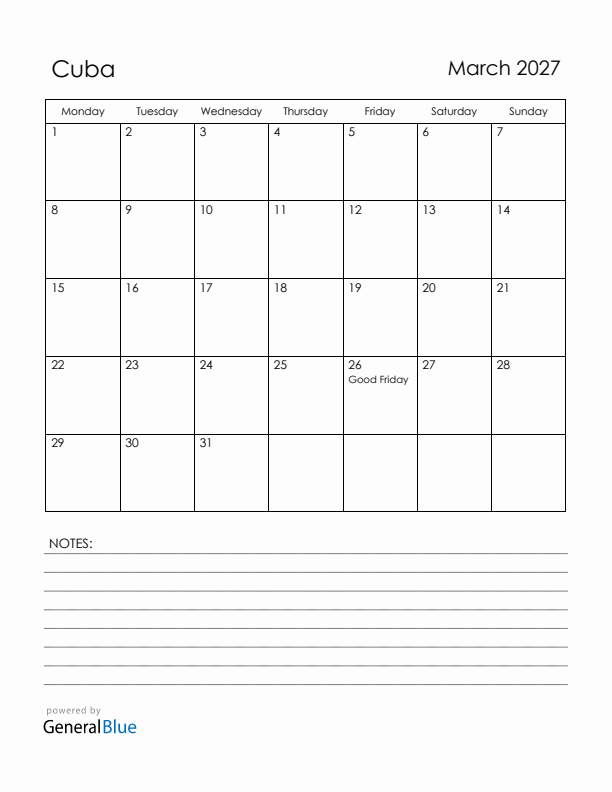 March 2027 Cuba Calendar with Holidays (Monday Start)