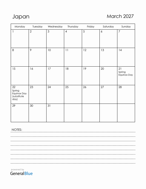 March 2027 Japan Calendar with Holidays (Monday Start)