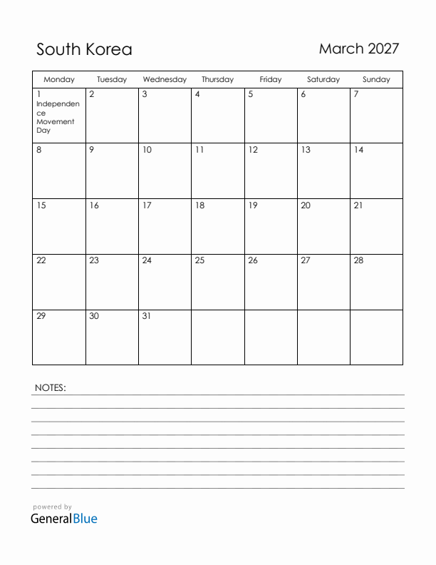 March 2027 South Korea Calendar with Holidays (Monday Start)