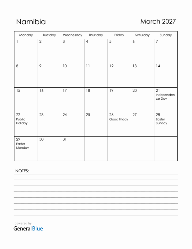 March 2027 Namibia Calendar with Holidays (Monday Start)