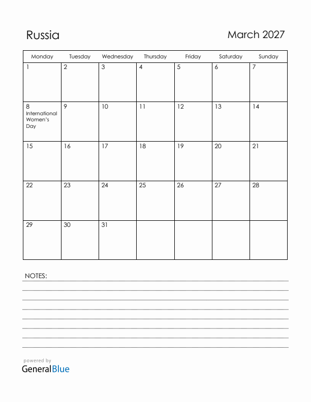 March 2027 Russia Calendar with Holidays (Monday Start)